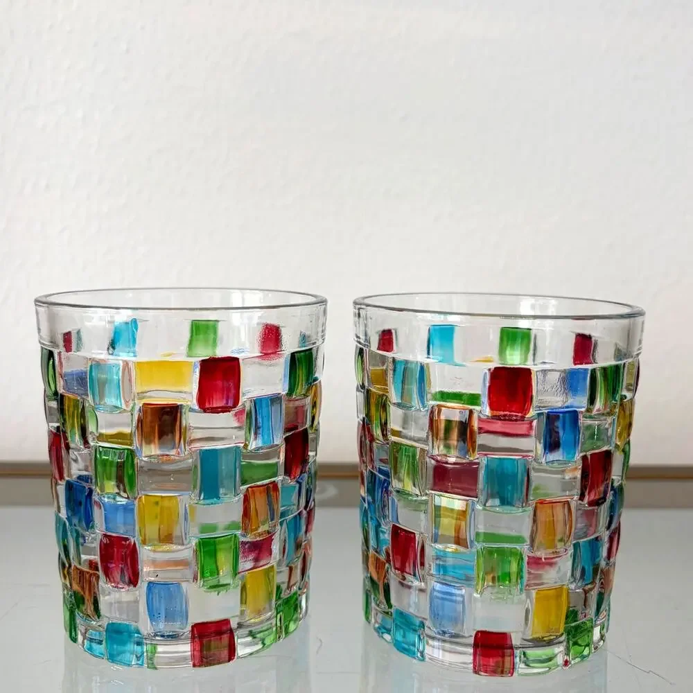 NEW Hand Painted Italian Crystal Whiskey Glasses 2pc 10oz Colorful Mosaic